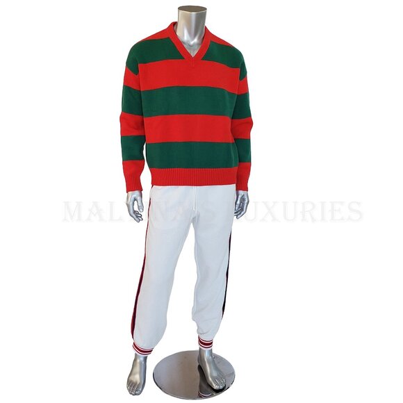 GUCCI MENS SWEATER RED GREEN FELTED WOOL STRIPED PULLOVER V-NECK - Picture 8 of 16